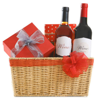 gift baskets with wine and a box of chocolate